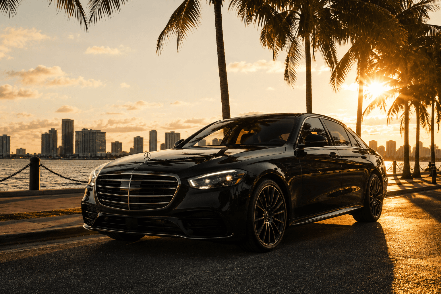 Black Mercedes-Benz S-Class at golden hour on a South Florida waterfront